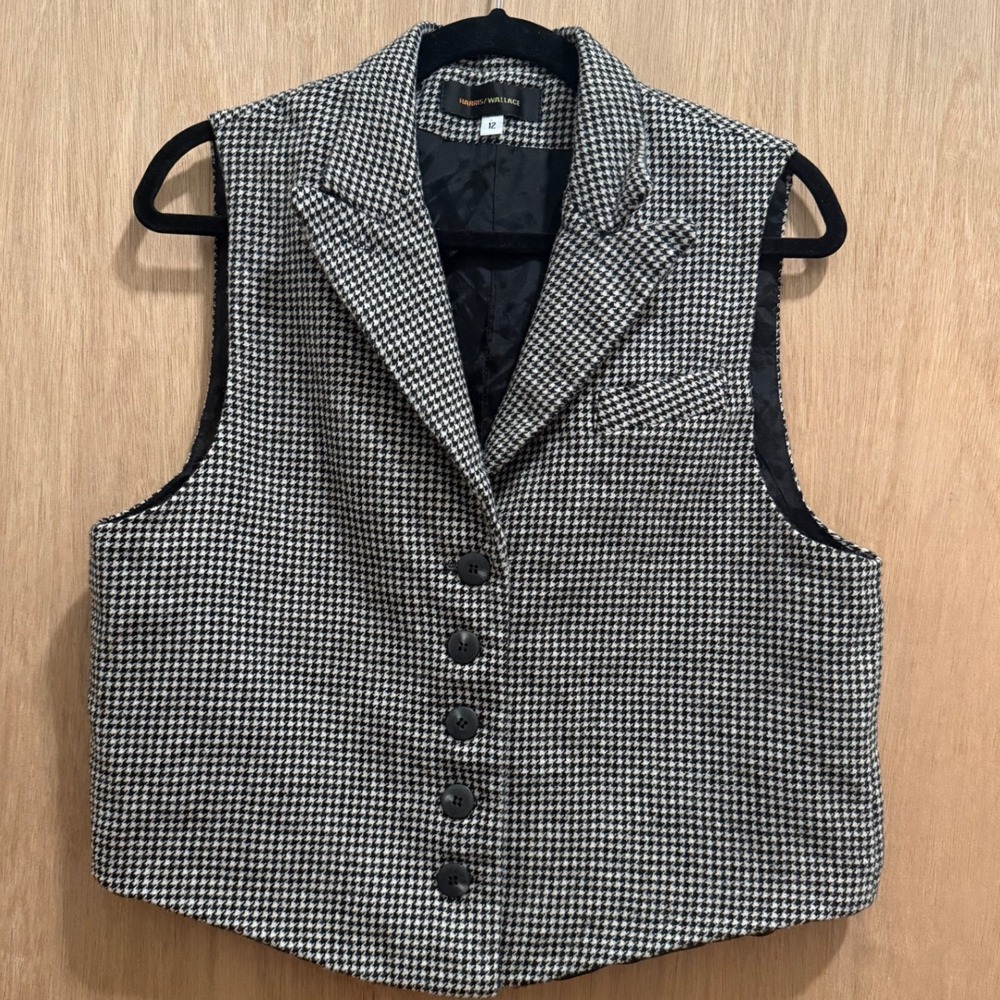 Harris Wallace Vintage 100% Wool Houndstooth Vest Made in USA Black White Sz 12